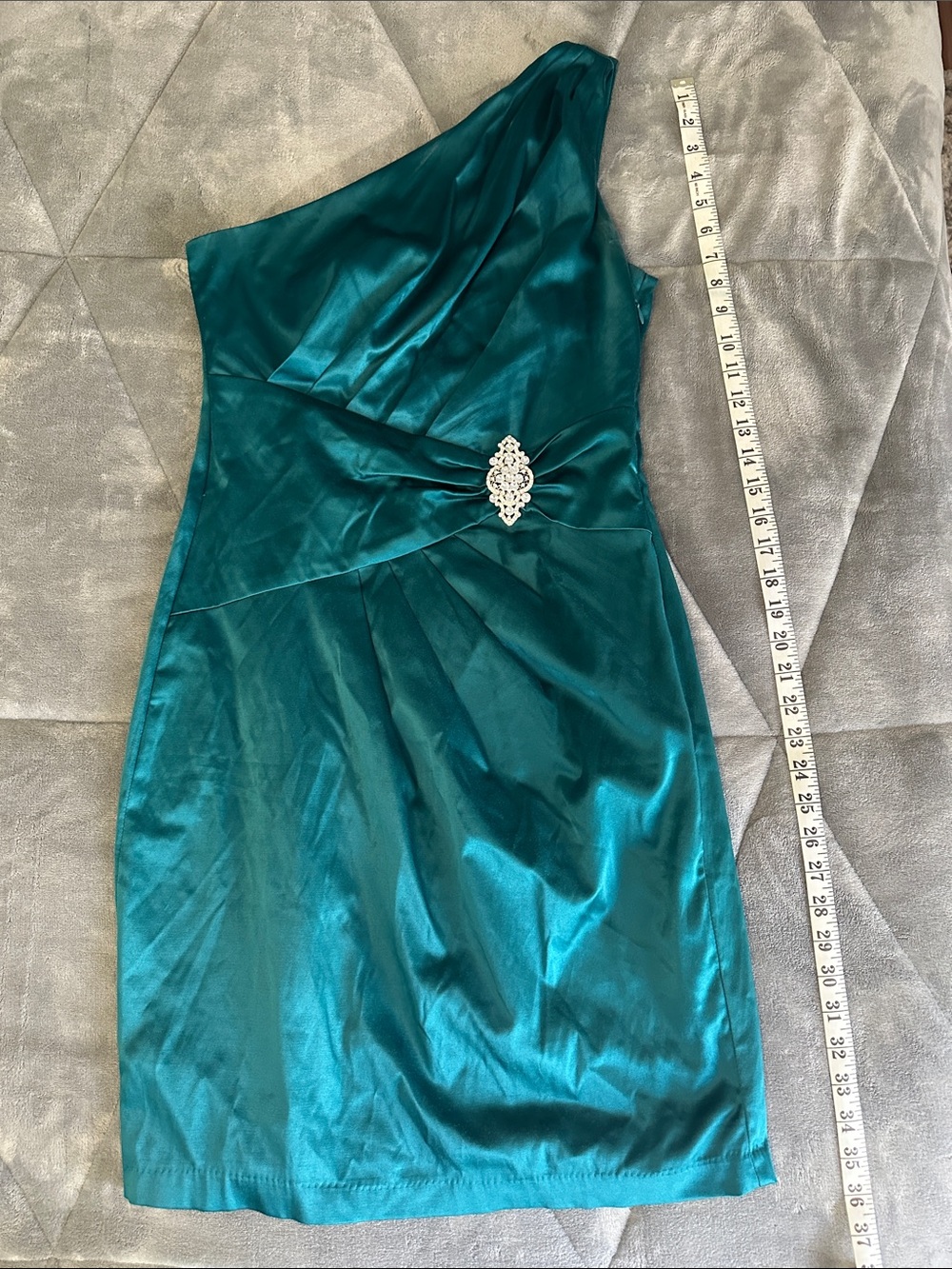 Studio Y One-Shoulder Teal Satin Dress with Jeweled Accent